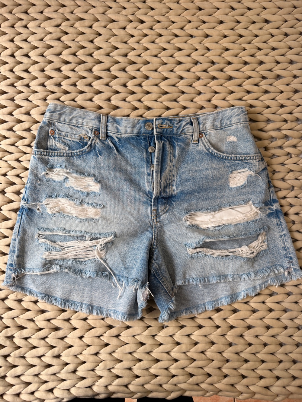 Free People Light Blue Distressed Denim Shorts